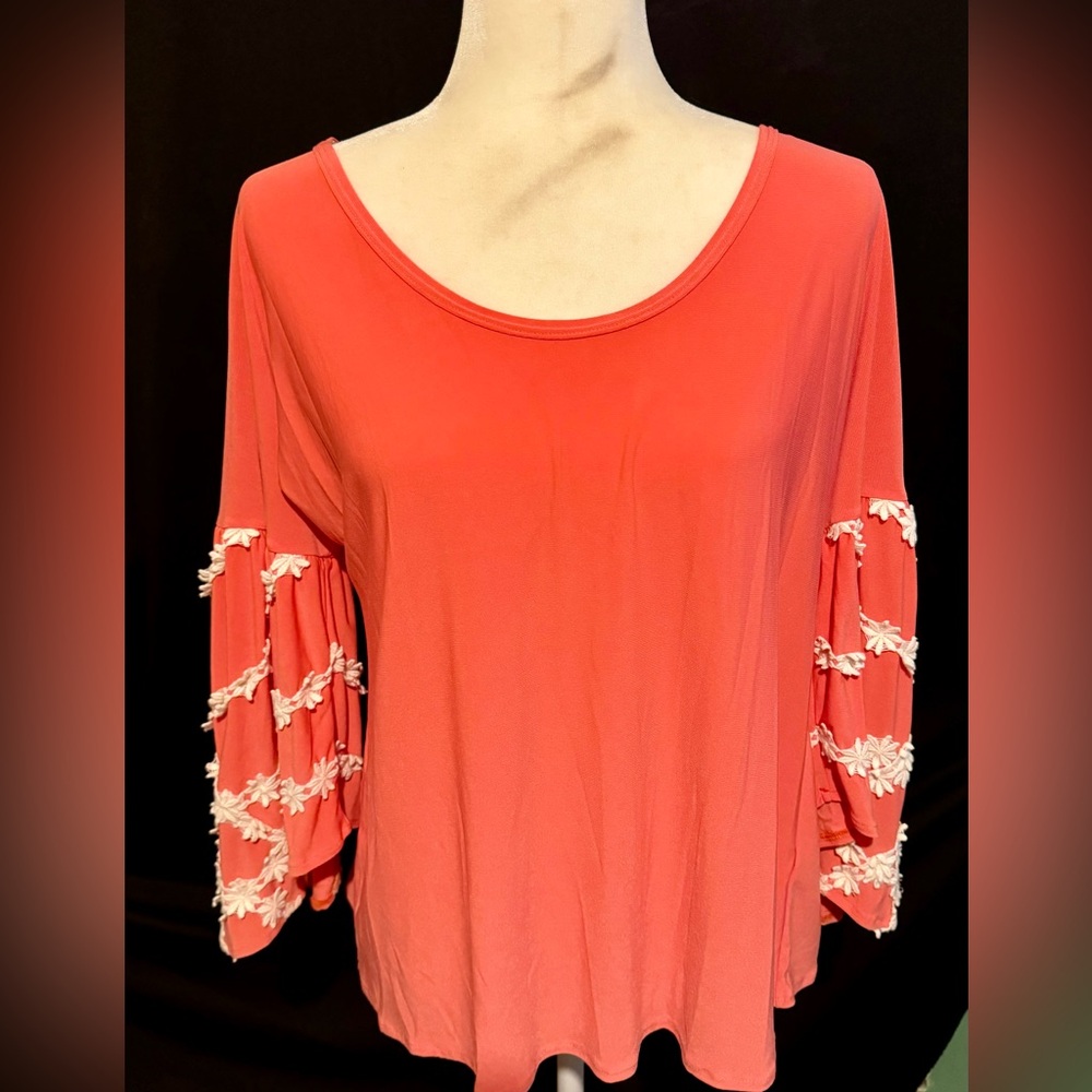 Coral Split Back 3/4 Bell Sleeves w Crocheted flowers Blouse